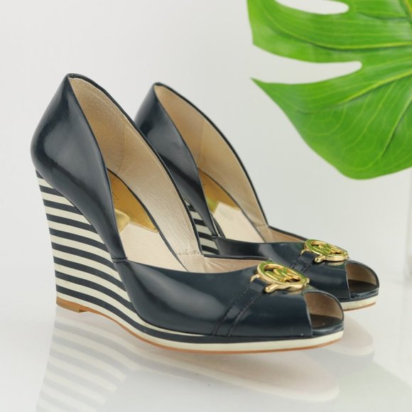 Michael Kors Shoes - Michael Kors Women D'orsay Wedge Pump Size 8 Peep Toe MK Logo Navy Patent Stripe